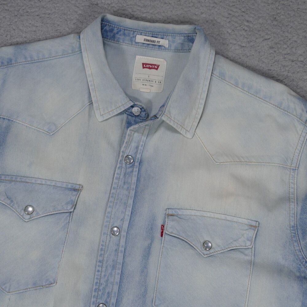 Levis Shirt Men Large Blue Denim Pearl Snap Western Jean Light Wash Standard Fit